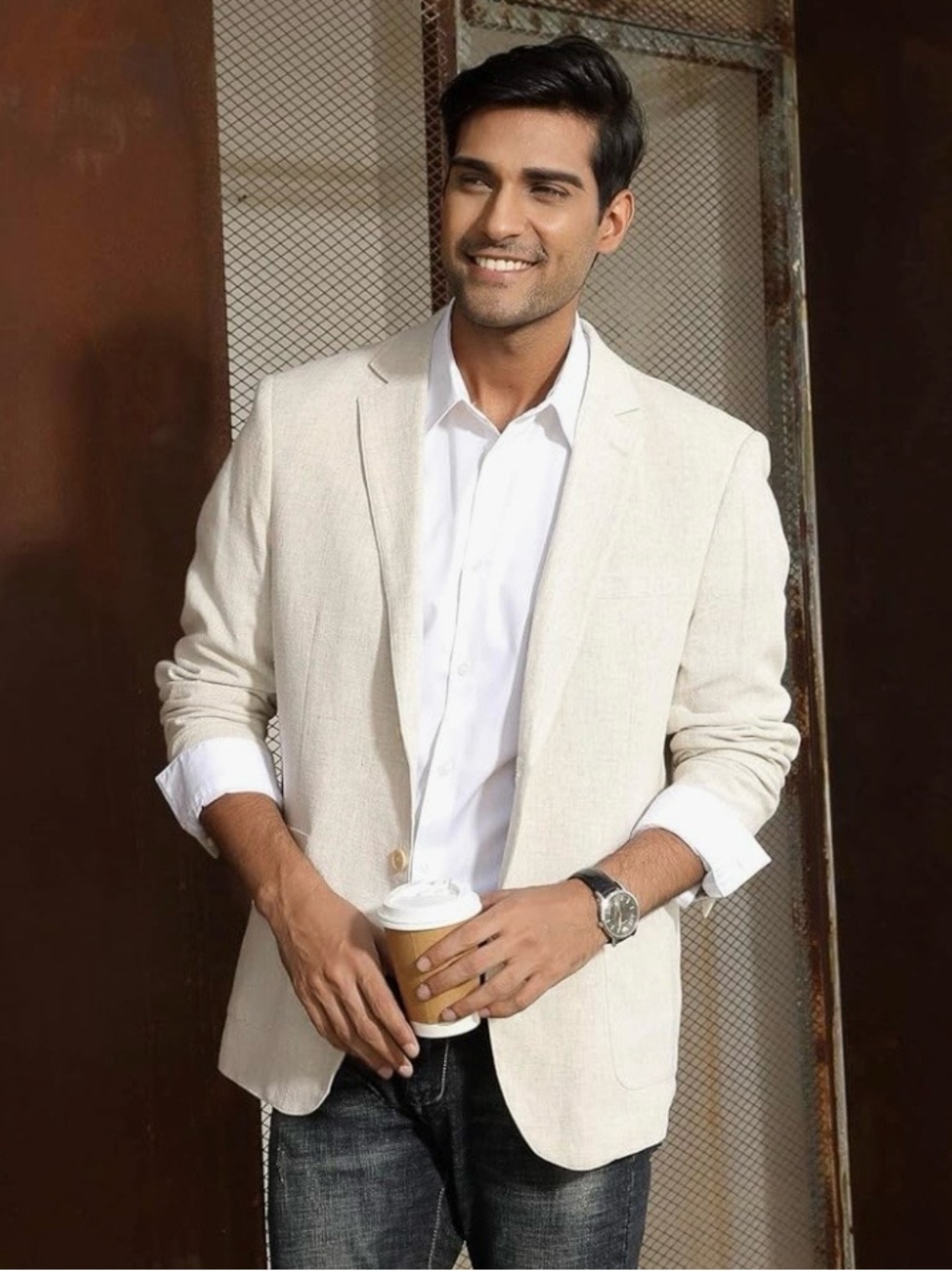 Men's Cream Lightweight Shirt Jacket - Relaxed Single-Breasted Style